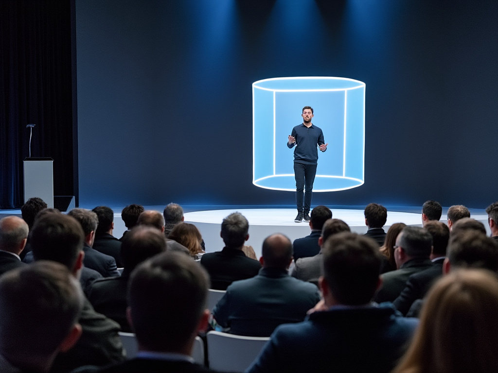 A tech CEO holding an invisible box on stage, with an audience in awe.