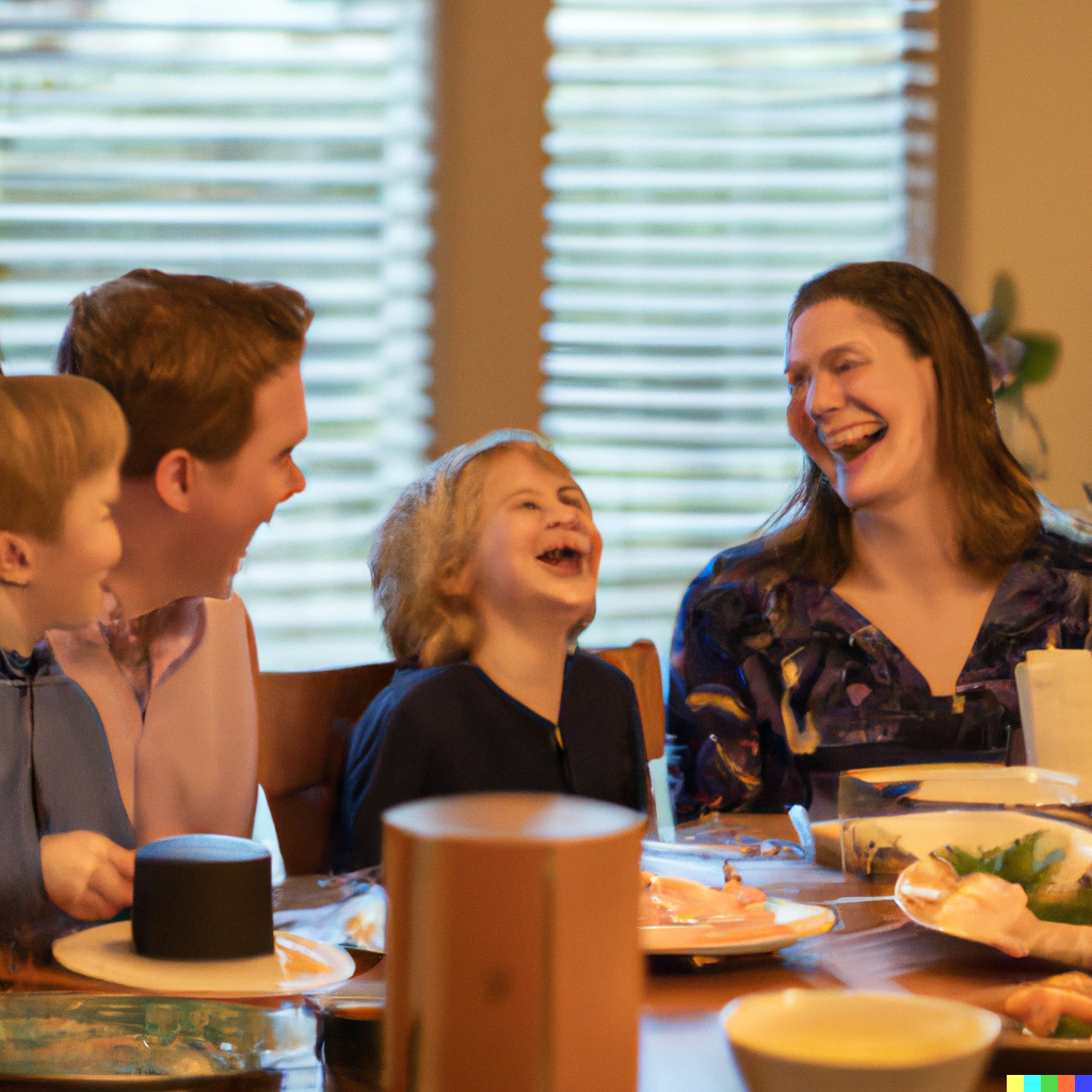 A family laughing around the dinner table with an Amazon Echo device in the center of the table