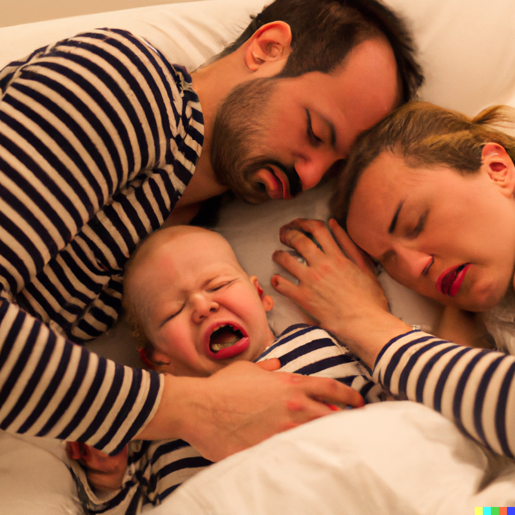 Parents sleeping as a baby cries in bed