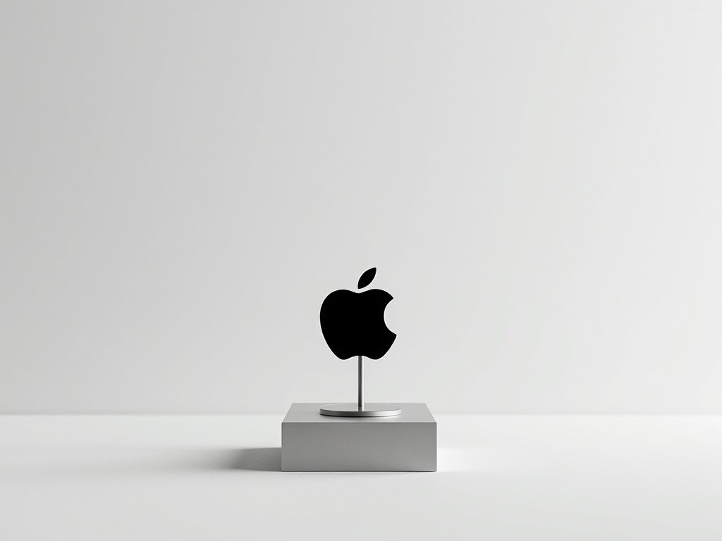 A sleek, minimalist aluminum stand with the Apple logo, displayed on a pristine white background. It looks like a small, modern art sculpture with no apparent functionality.