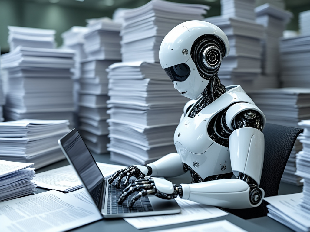 A futuristic AI robot typing furiously on a laptop surrounded by stacks of press release papers.