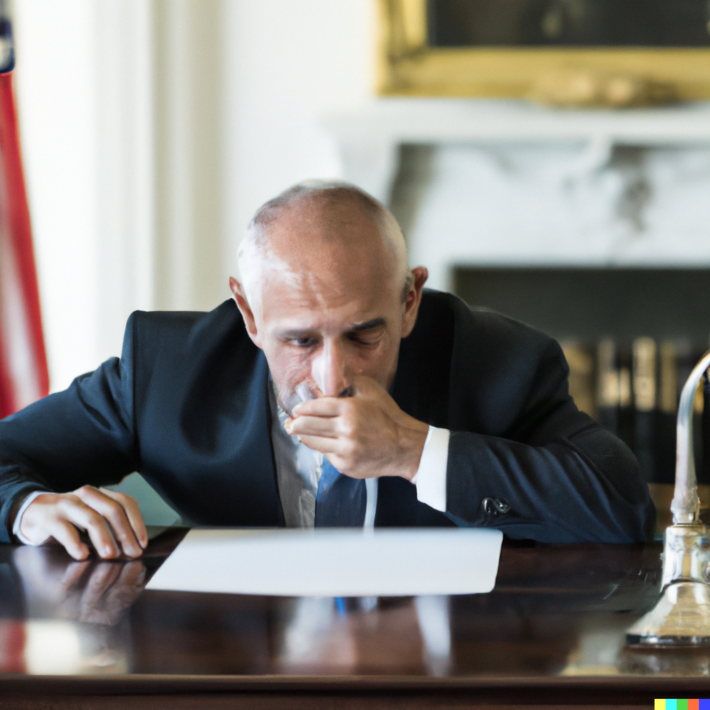 US President holding his nose at a desk in the oval office