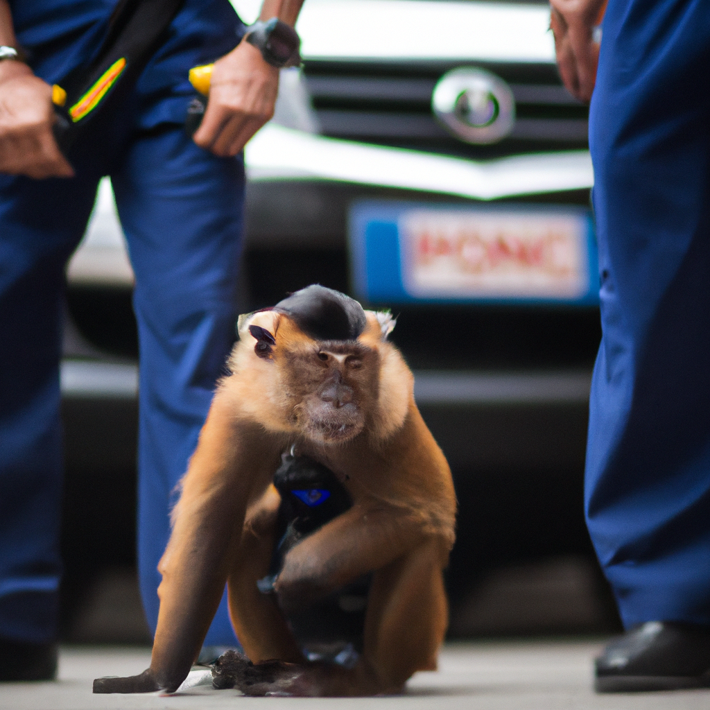 monkey handcuffed flanked by two police officers