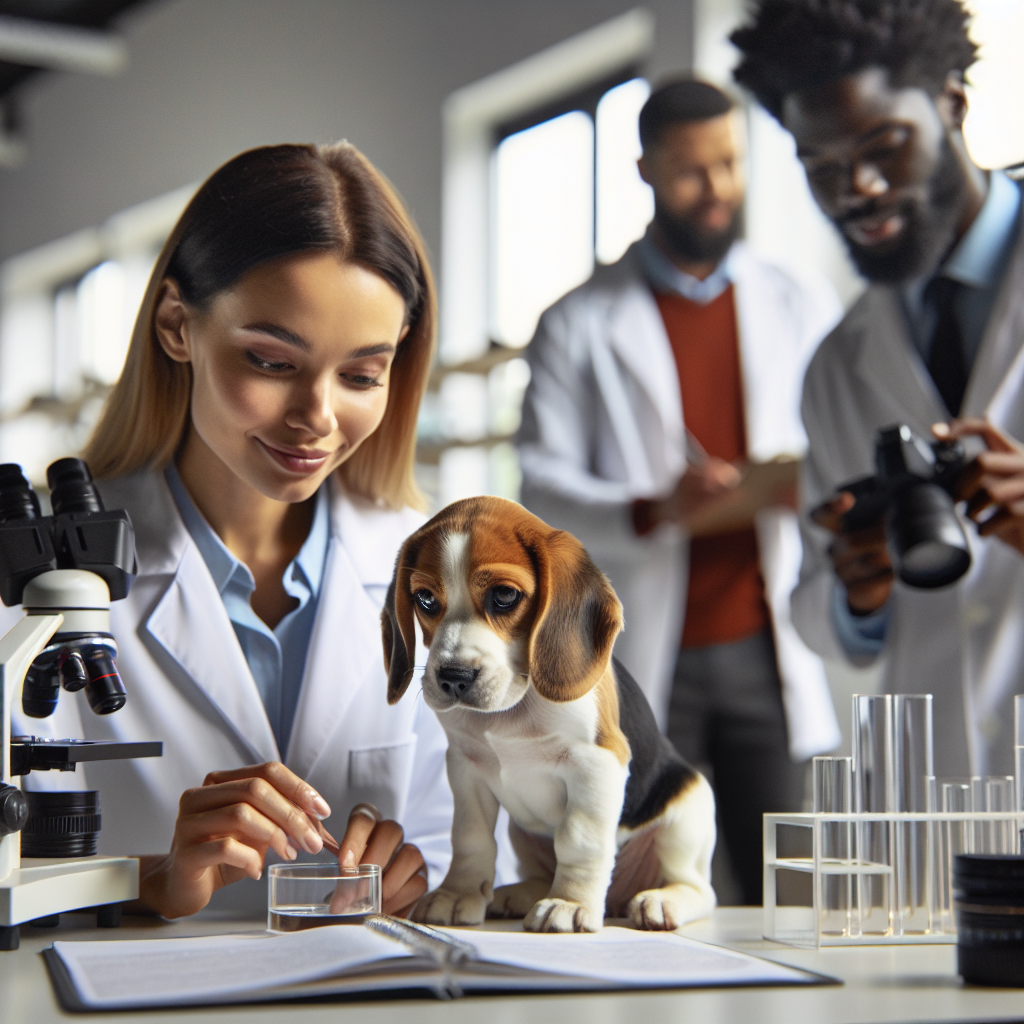 scientists examining a beagle under a tiny, little microscope