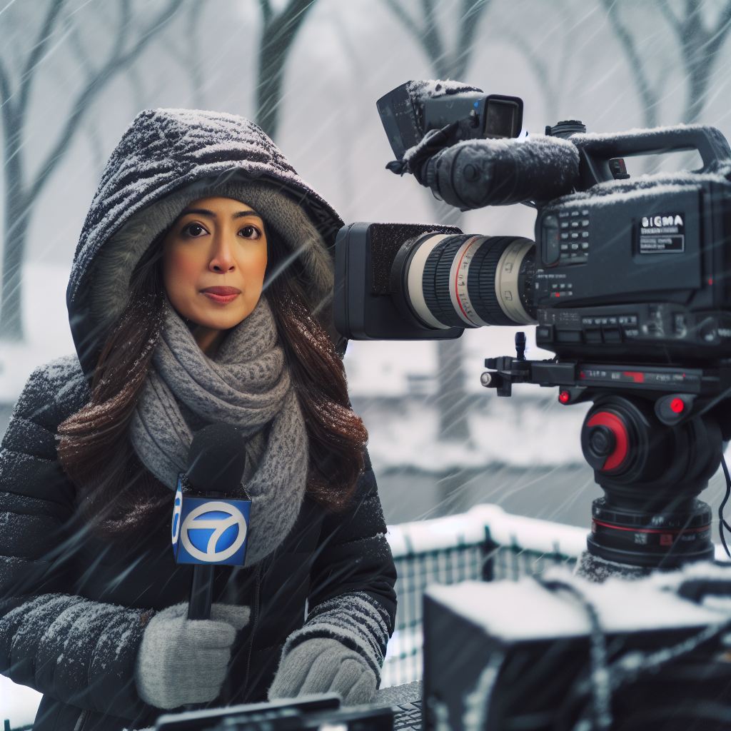 Meteorologist reporting on snow from Central Park in New York City