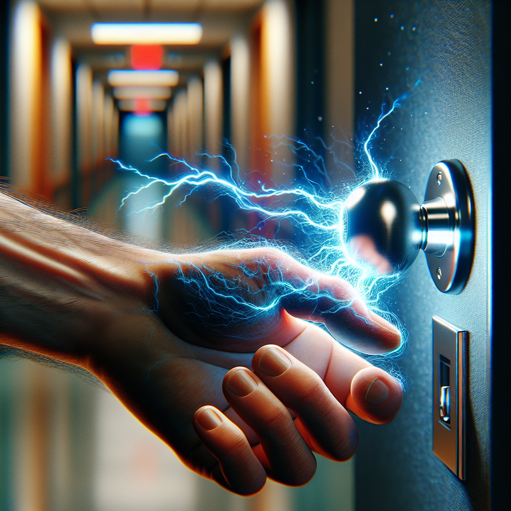 A hand reaches for a doorknob that is electrified with a spark and a shockwave emanating outward as there is a hallway inside an office being electrified