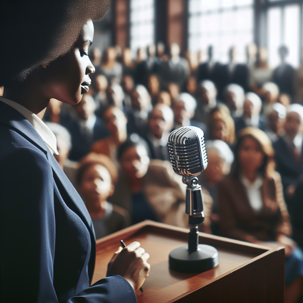 Fani Willis speaking to a crowd at a podium with a vintage microphone