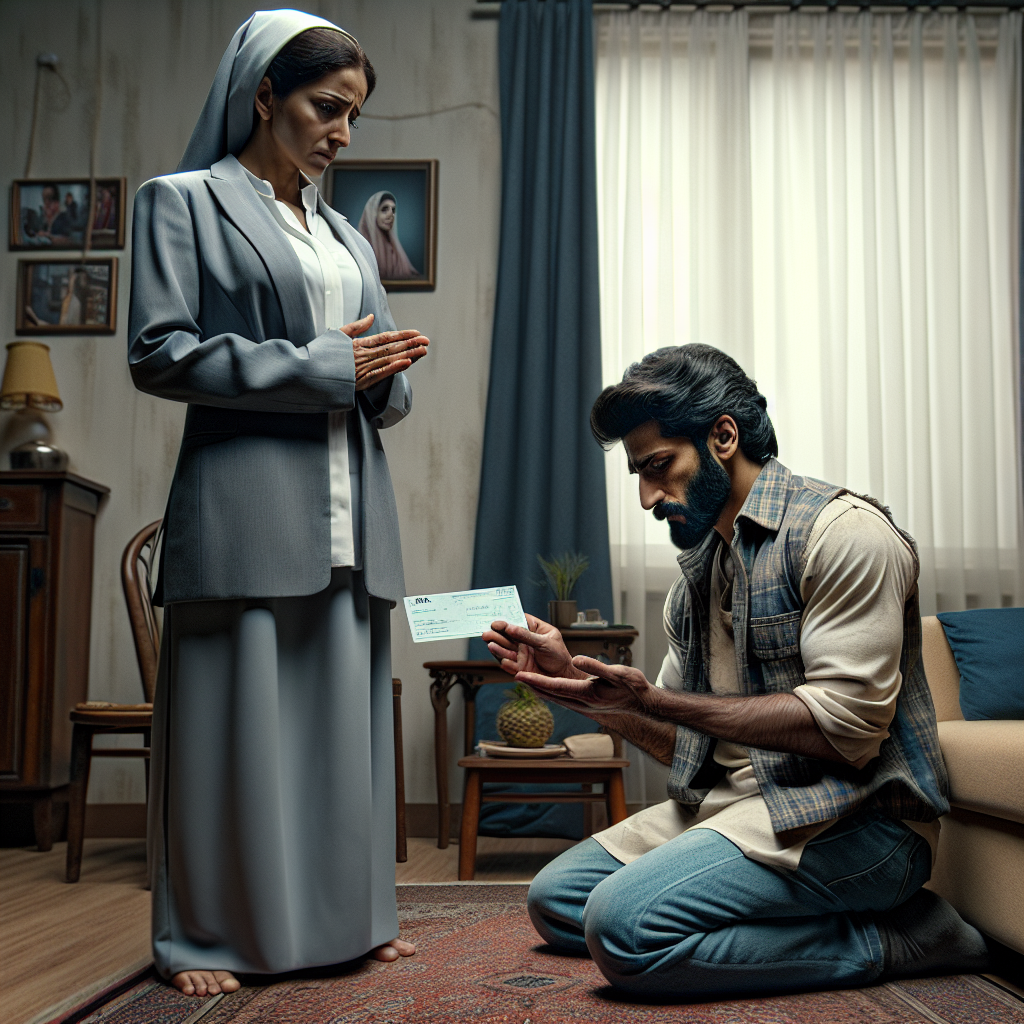 A man pleading on one knee with his palms together and a landlord holding a rent check