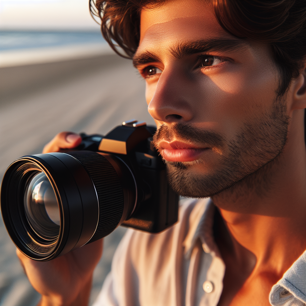 A man on a beach holding a camera and looking pensively at the ocean