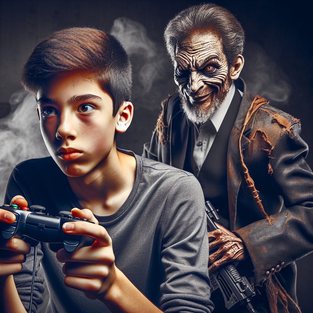 A teenage boy excitedly clutching a controller while an older, gangster-looking man stands menacingly beside him.