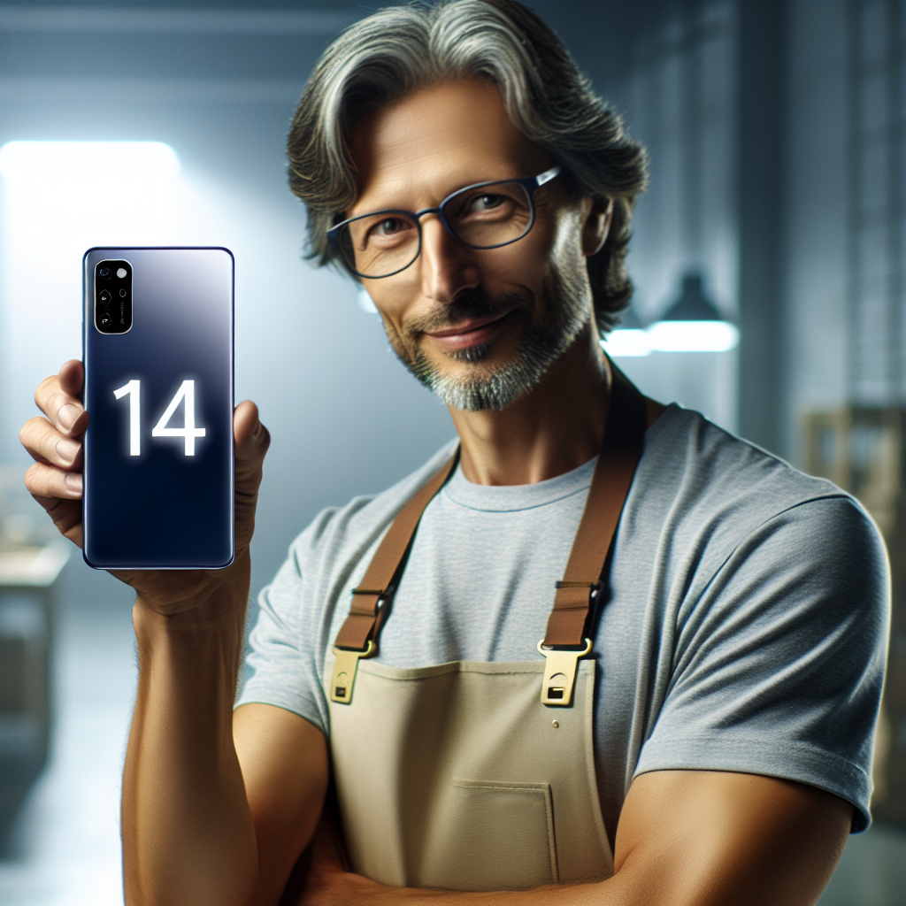 An apple engineer showing off the new iphone that's just a 14 with a new color