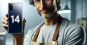 An apple engineer showing off the new iphone that's just a 14 with a new color