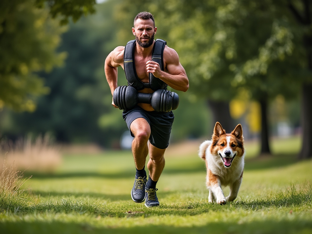 A man runs through a park with weights strapped to his chest and a dog chasing behind