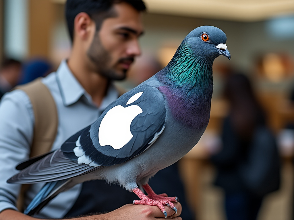 An Apple Store employee holding a sleek, shiny pigeon with an Apple logo on its wing