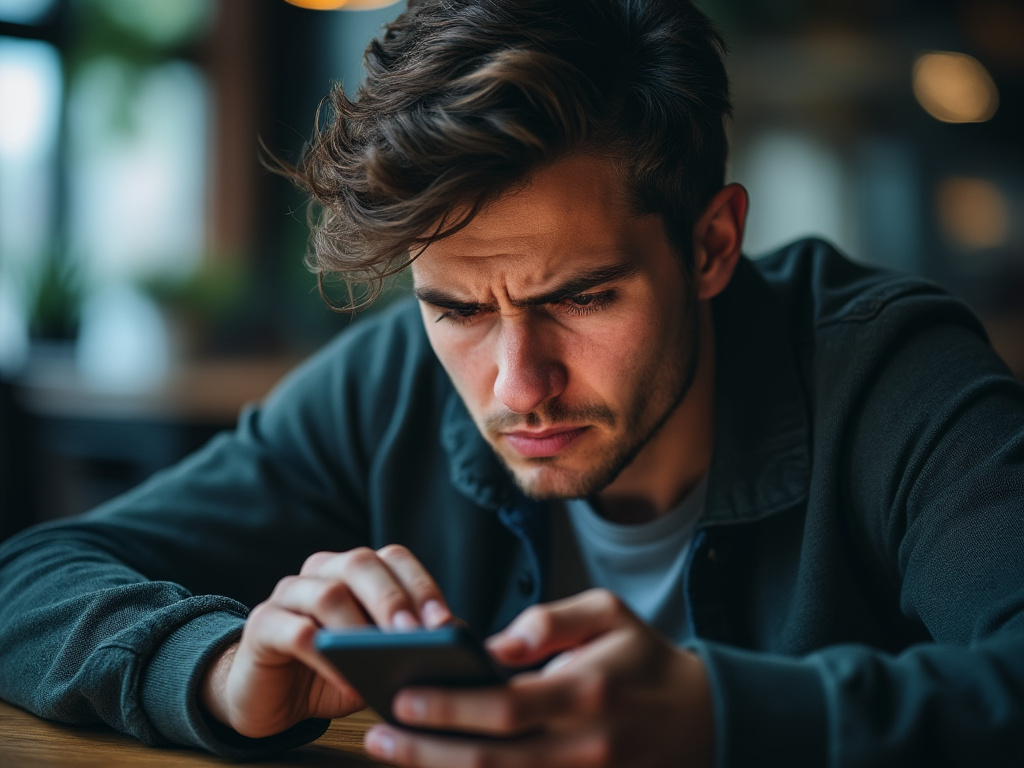 A disgruntled looking young man typing intensely on his phone