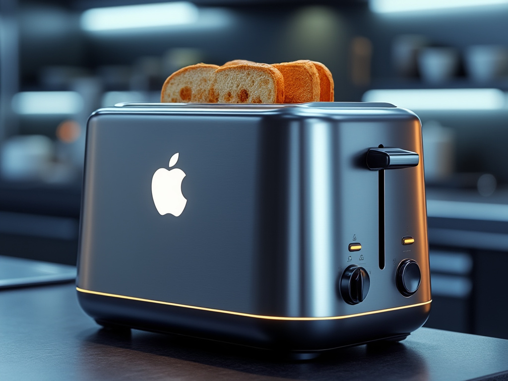 A sleek, aluminum toaster with the iconic Apple logo, glowing in a futuristic kitchen setting.