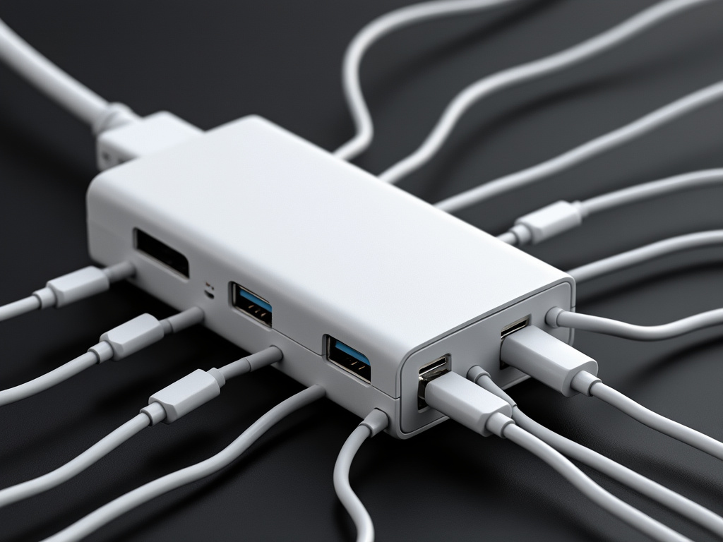 A sleek white dongle with a myriad of ports branching off it like a techy octopus