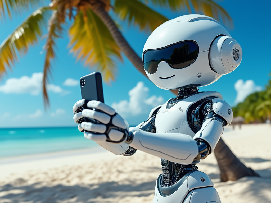 A smug, futuristic robot with sunglasses taking a selfie in front of a tropical beach