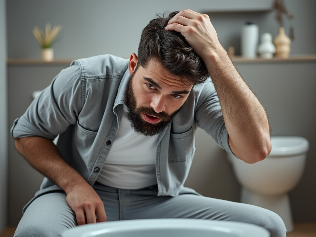 A man in his 30s, crouched down, scratching his head as he looks at his complicated bidet