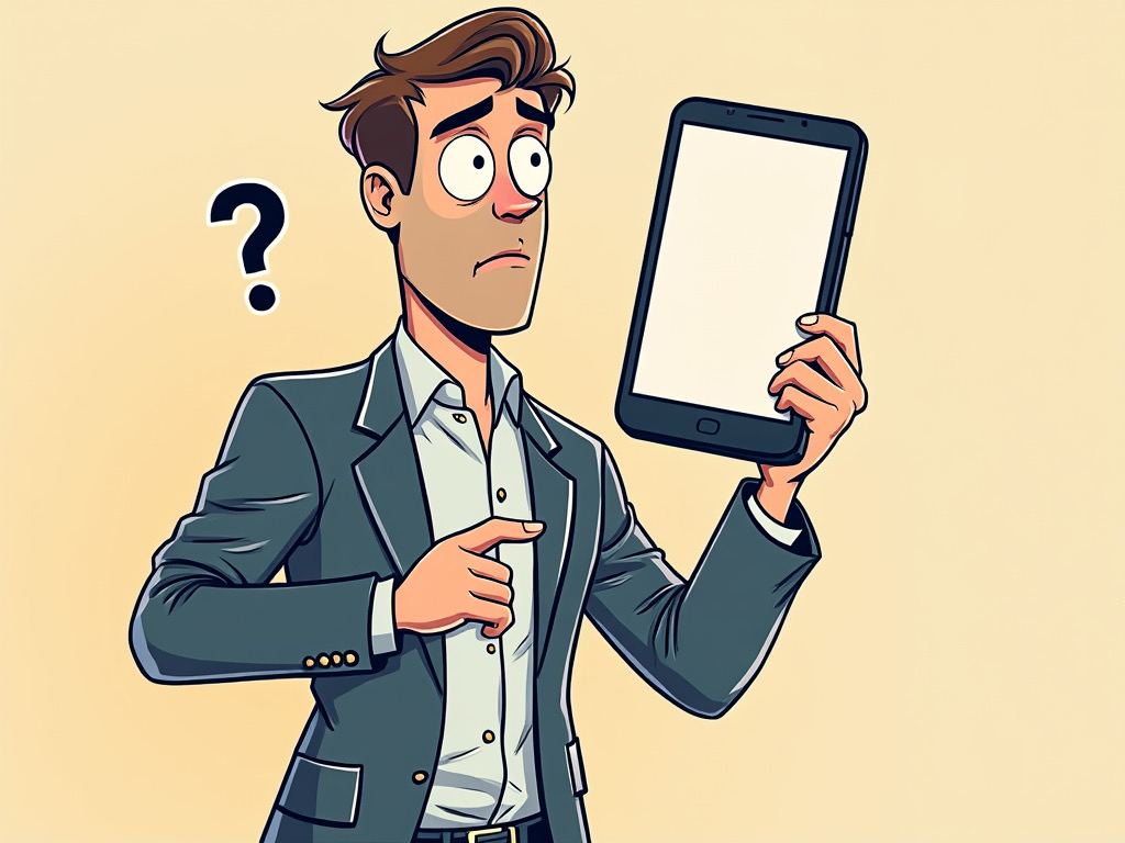 a cartoon drawing of a confused tech CEO holding an empty phone frame