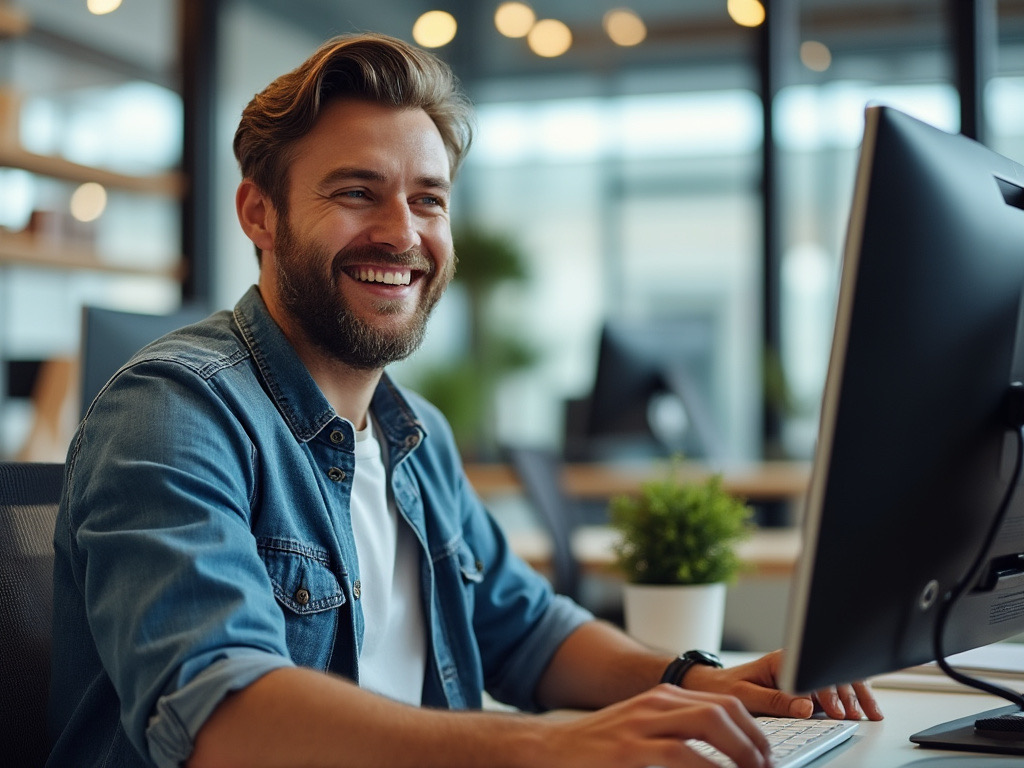 A man at a computer talking happily to the camera