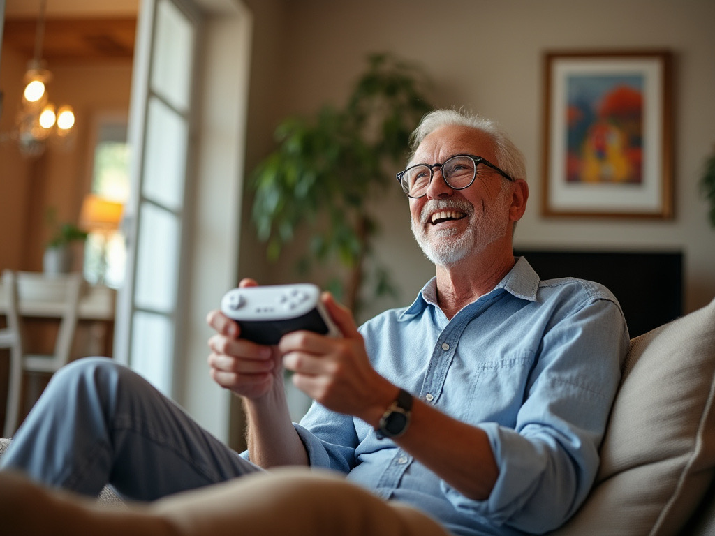 A father playing on the Nintendo Wii in the living room