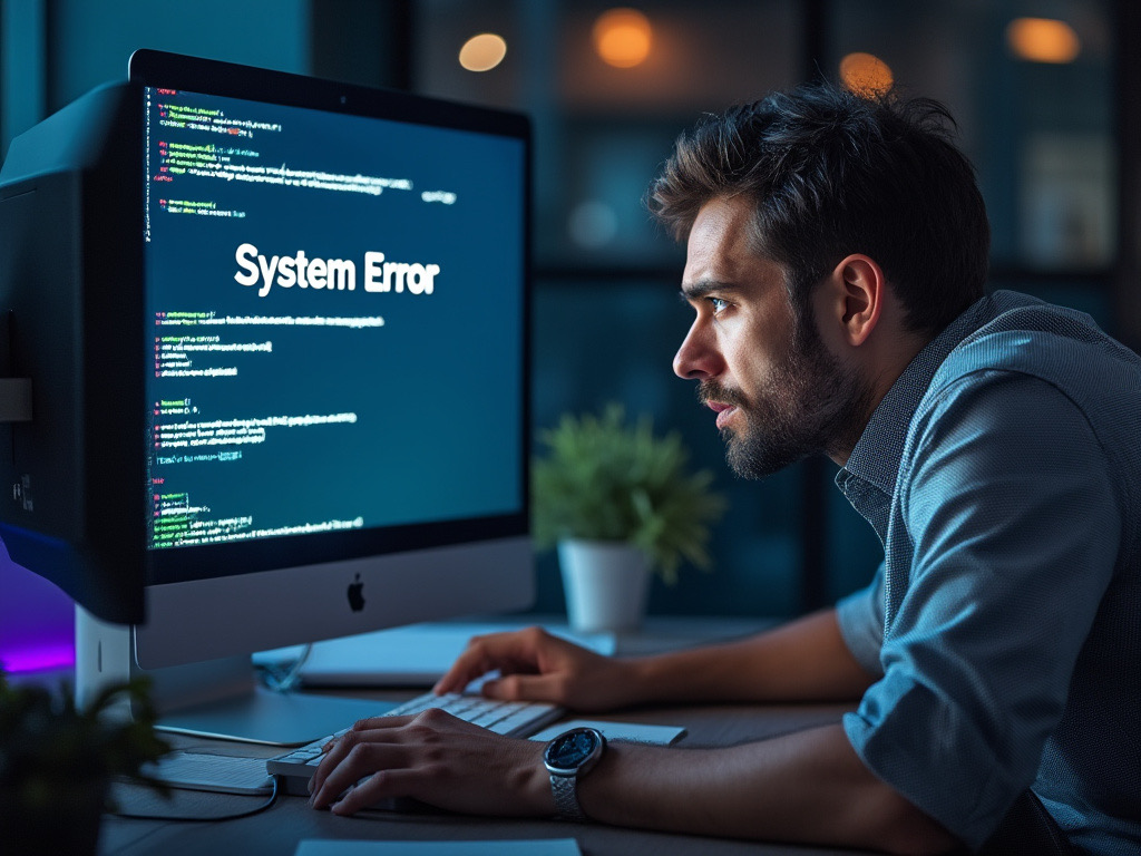 A frustrated office worker staring at a computer screen with a 'System Error' message