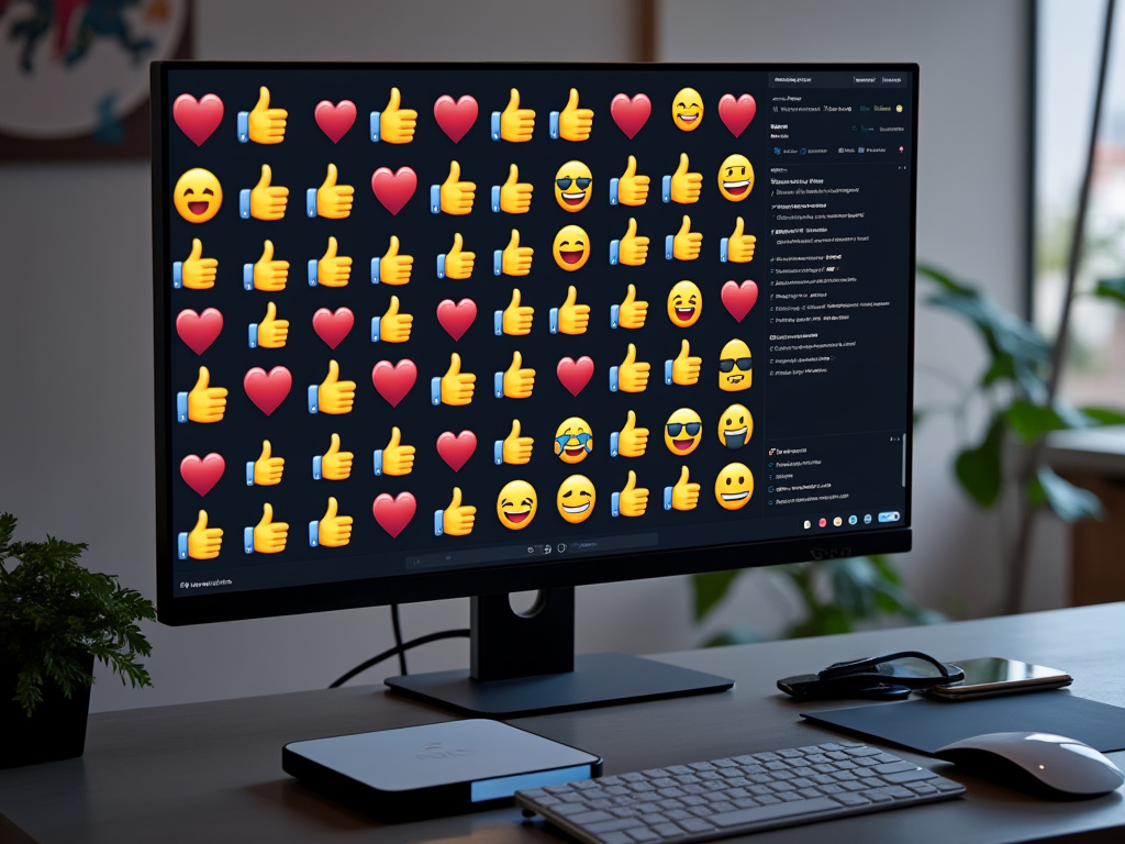 A computer screen displaying endless thumbs-ups and heart emojis