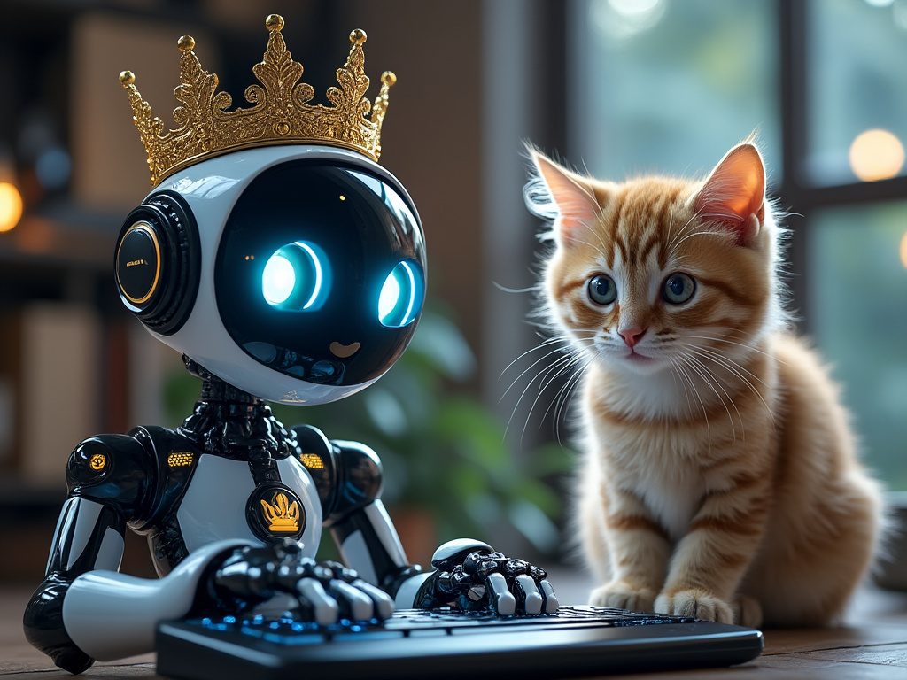 an AI-powered gizmo with a crown on it, watching over a bunch of cats typing on keyboards