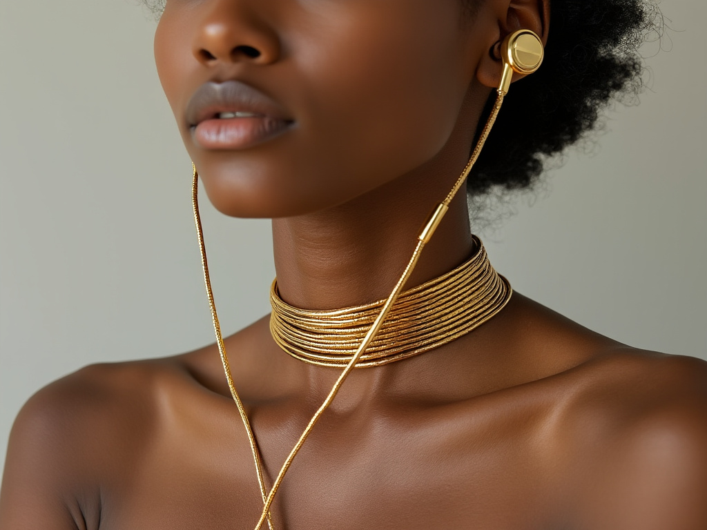 A beautiful woman modeling a gold necklace with wired earbuds