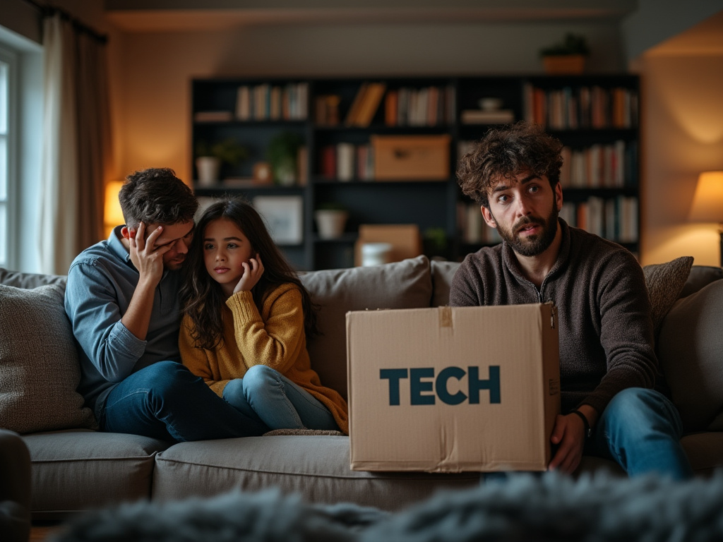a family trapped inside a living room with a moving box labeled tech