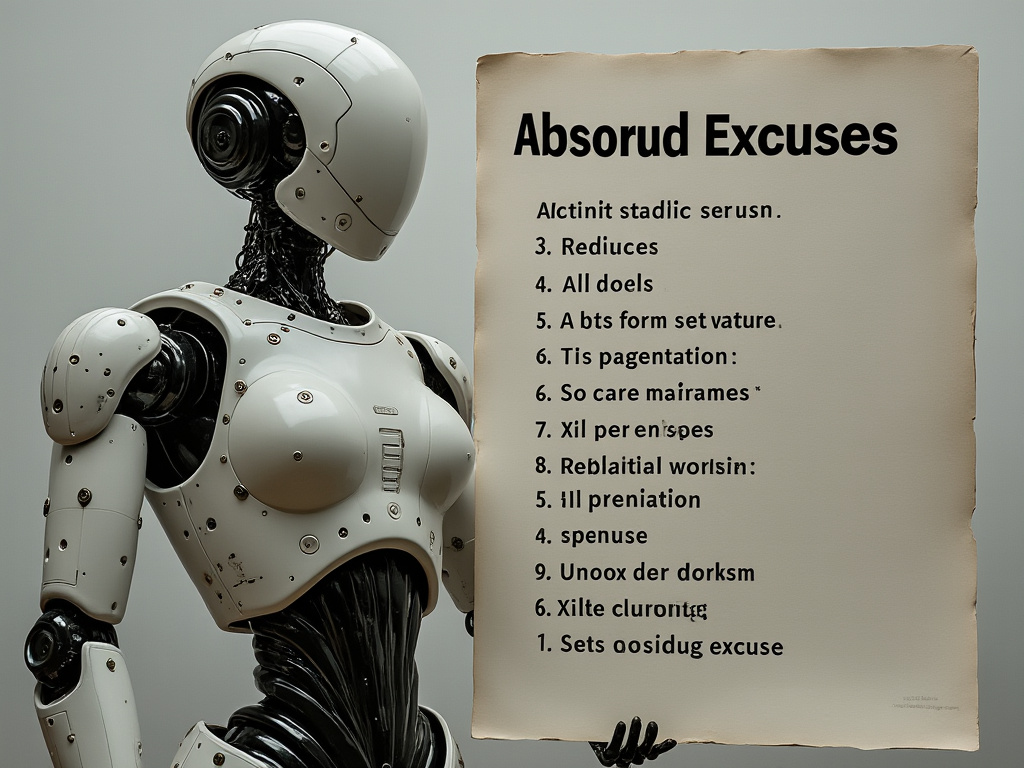 A robotic figure holding a list of absurd excuses
