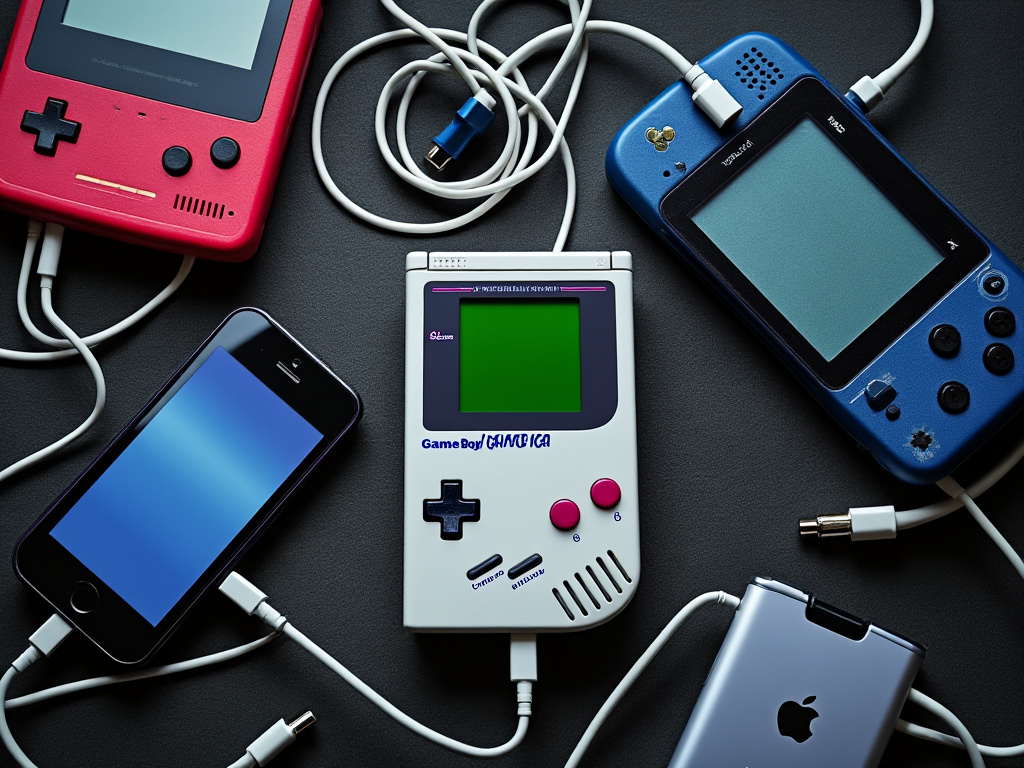 A retro Game Boy surrounded by a chaotic array of modern handheld gaming devices, all tangled in a mess of charging cables.