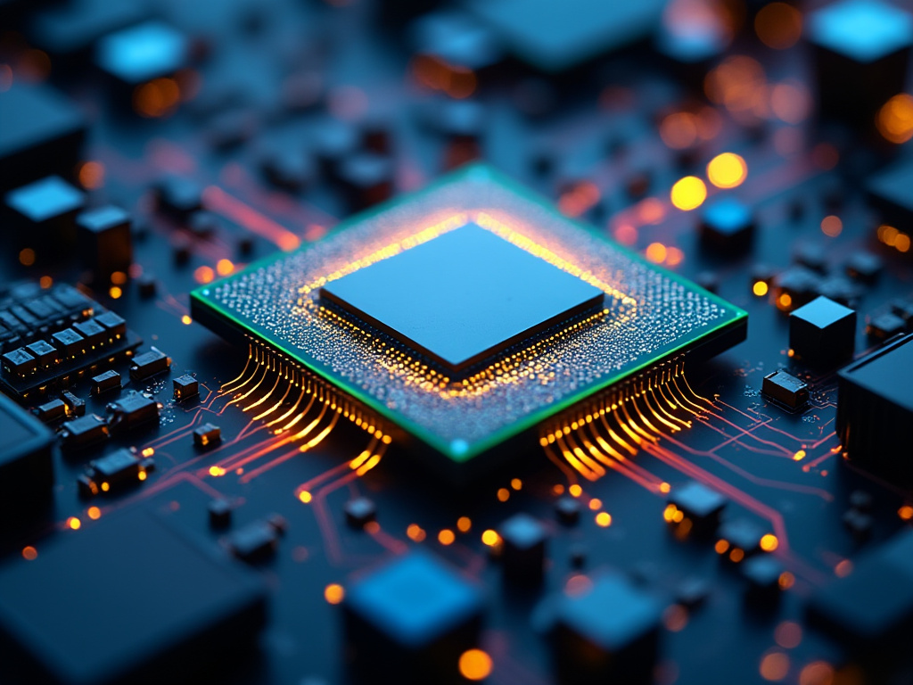 In a lab, there is a processor with a spotlight on it