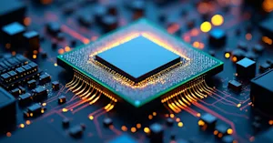 In a lab, there is a processor with a spotlight on it