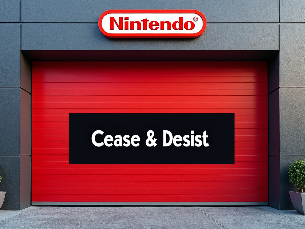 Nintendo headquarters with a big red garage door that says "Cease & Desist" opening up