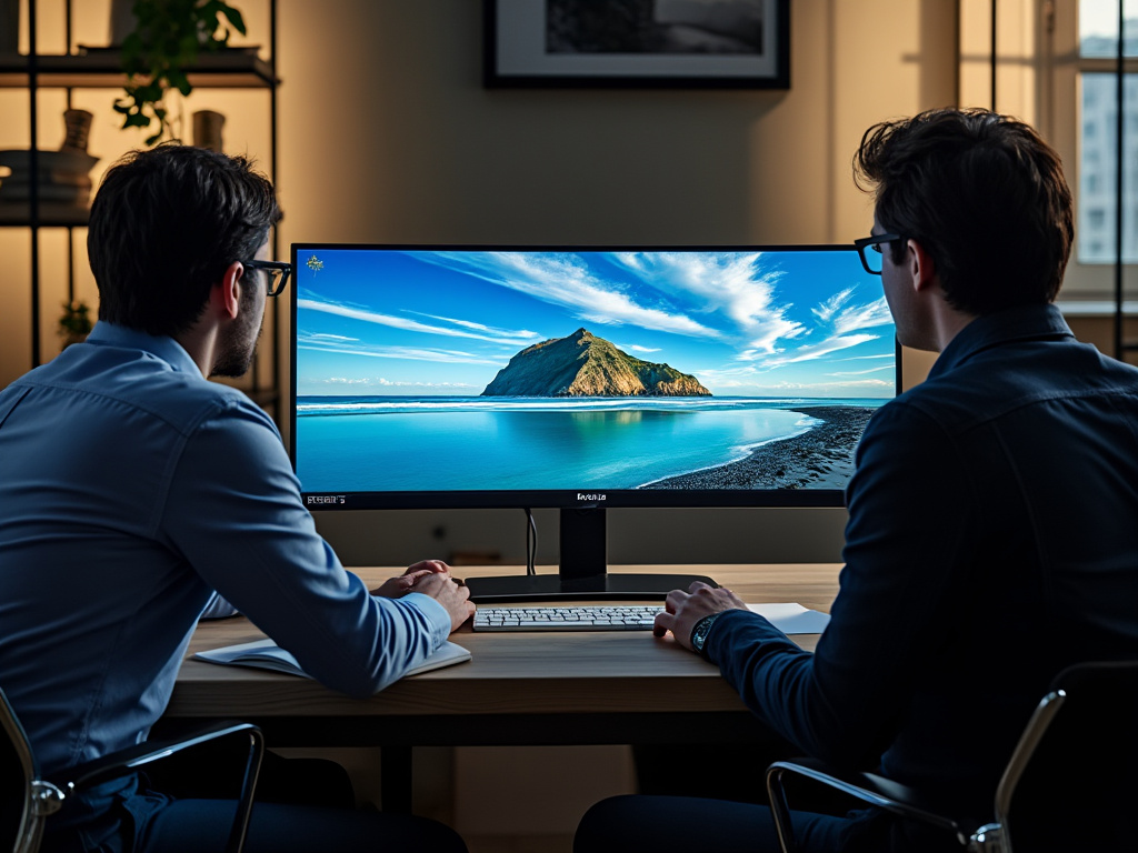 A super realistic image showing someone sitting at computer with a Samsung Odyssey monitor, with two other people looking on