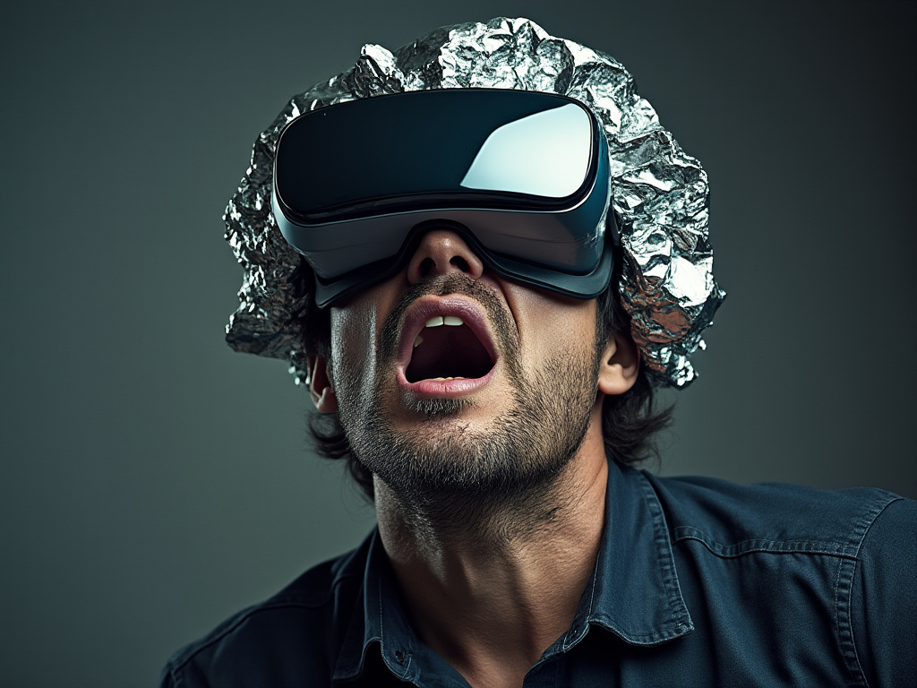 A bewildered individual wearing a shiny tinfoil hat with VR goggles on