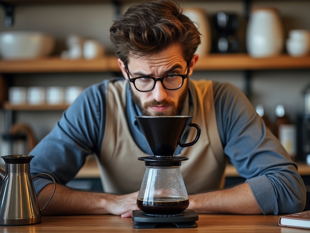 A confused coffee hipster staring at the top of a digital pour-over coffee maker.
