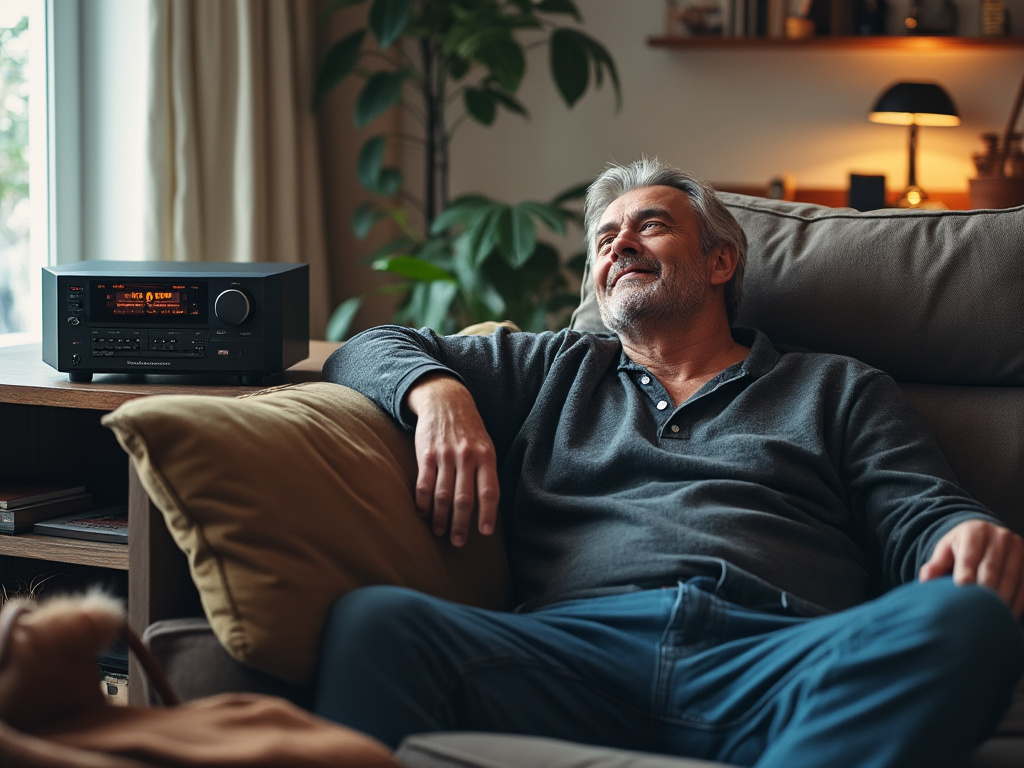 A middle aged man sits alone on a couch in a living room in front of a nice stereo system, enjoying music