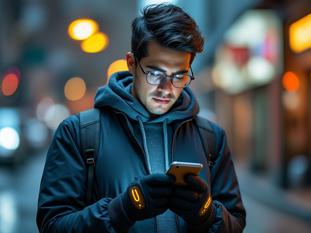 A tech-savvy millennial wearing high-tech gloves constantly texting.