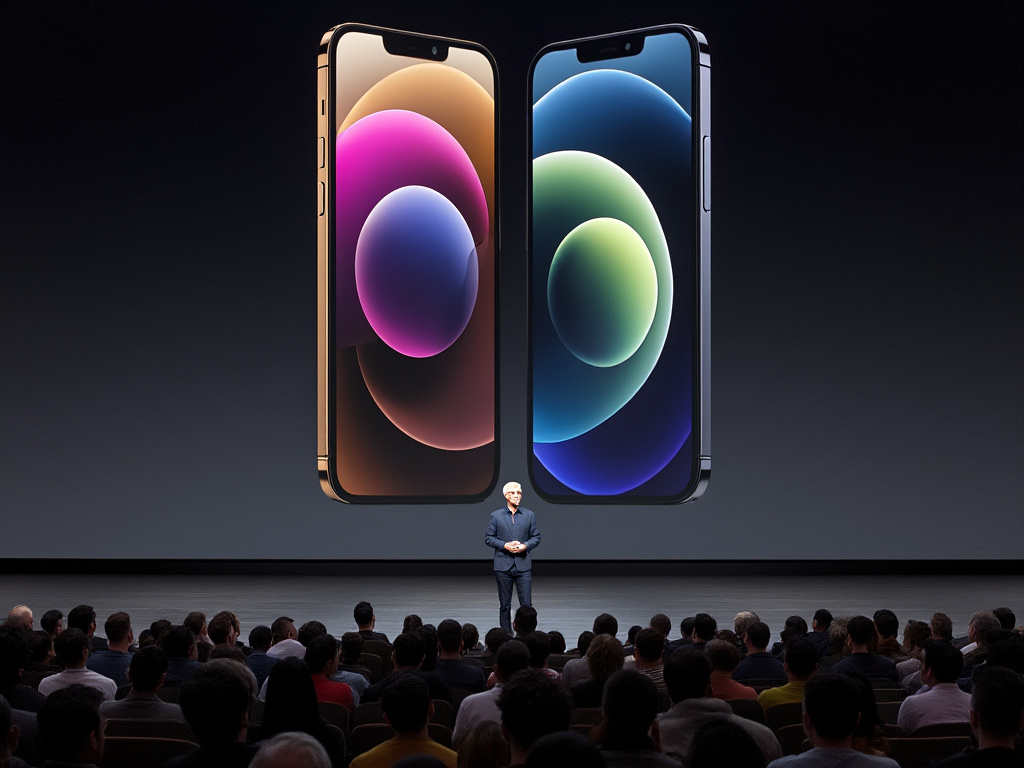 Tim Cook unveiling a new phone on stage in front of an auditorium of onlookers