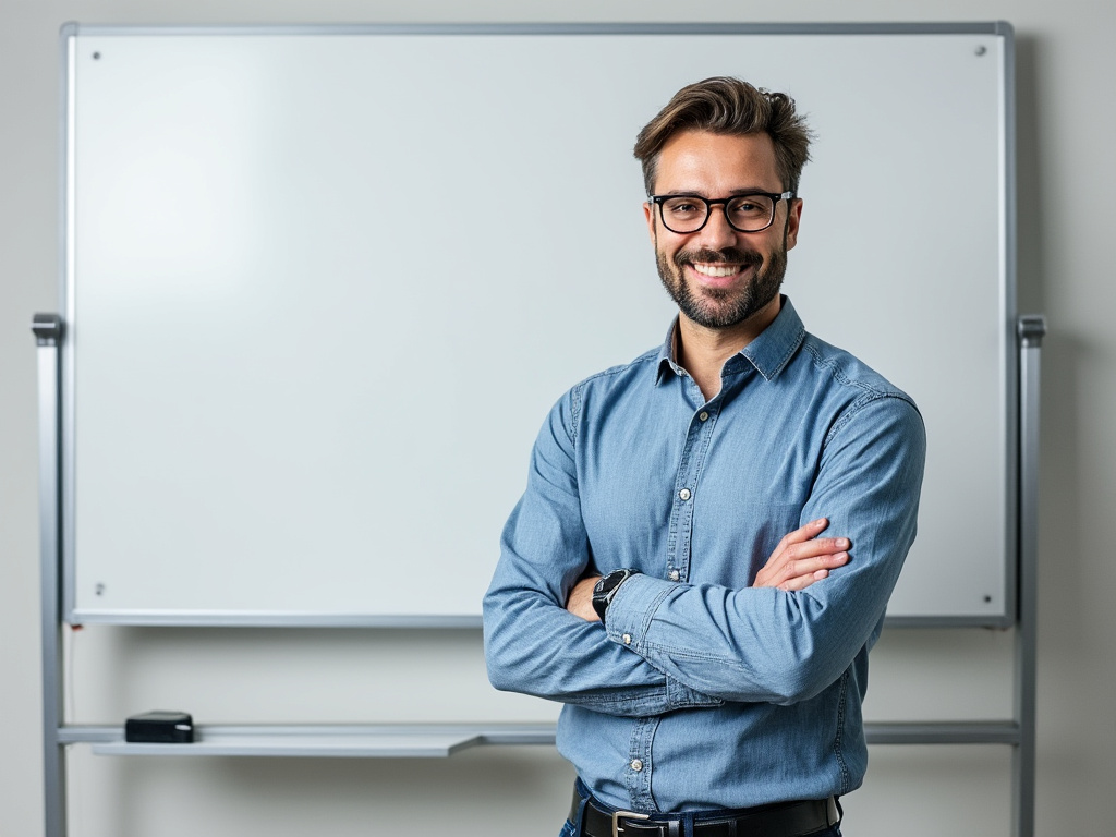 A picture of a tech CEO standing confidently in front of a blank whiteboard