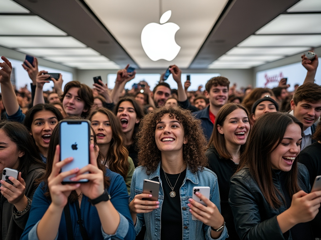 A crowd of excited Apple fans eagerly await the latest iPhone release at a store