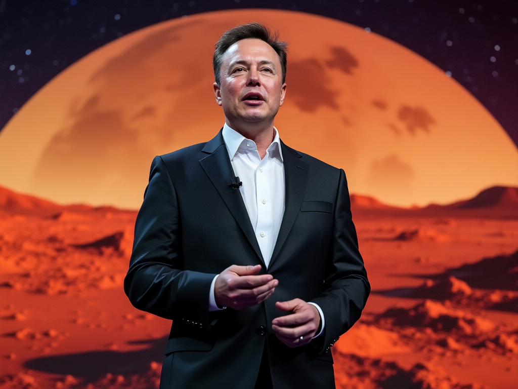 Elon Musk speaking in front of a large Mars backdrop