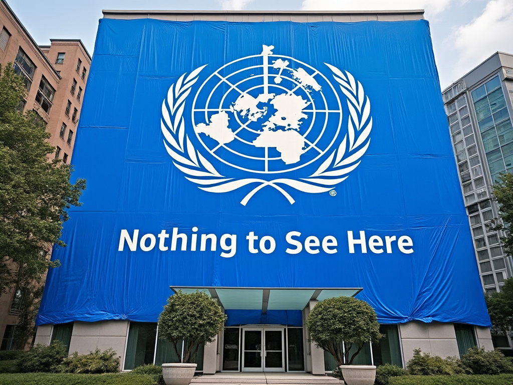 World Health Organization with a blue tarp over it with "Nothing To See Here" printed over it.