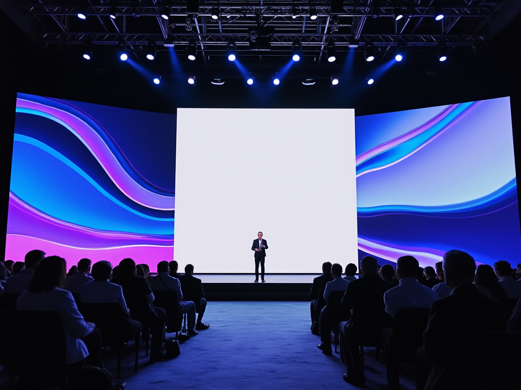 A tech CEO proudly presenting a blank screen at a glitzy product unveiling