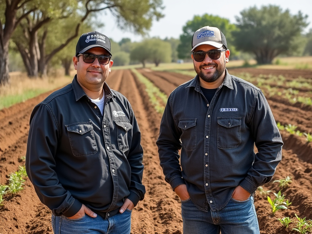 BYD executives Javier Lopez and Andres Garcia standing in front of dirt poor Mexicans farming with primitive tools