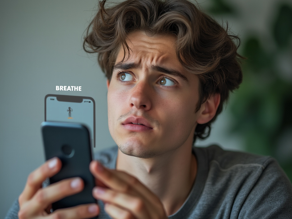 A perplexed millennial staring at their phone with the app open, which displays a huge 'BREATHE' prompt