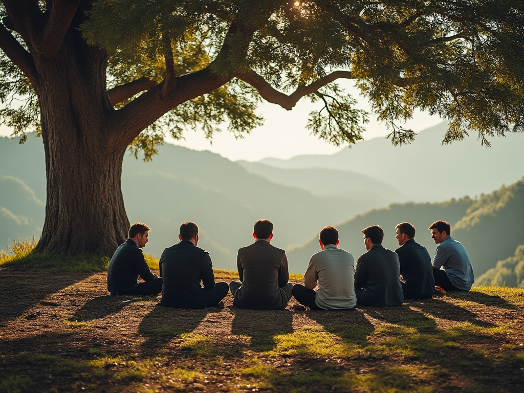 A group of men sitting under a tree in a circle together